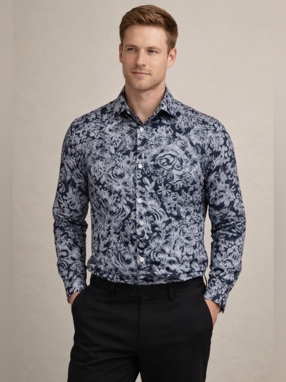 Murano Slim Fit Performance Button Down Shirt Floral Navy White Men’s small